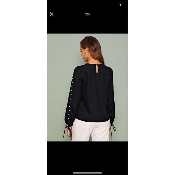 Shein Pearl Beaded Drawstring Cuff lantern Long Sleeve blouse top - Picture 2 of 5